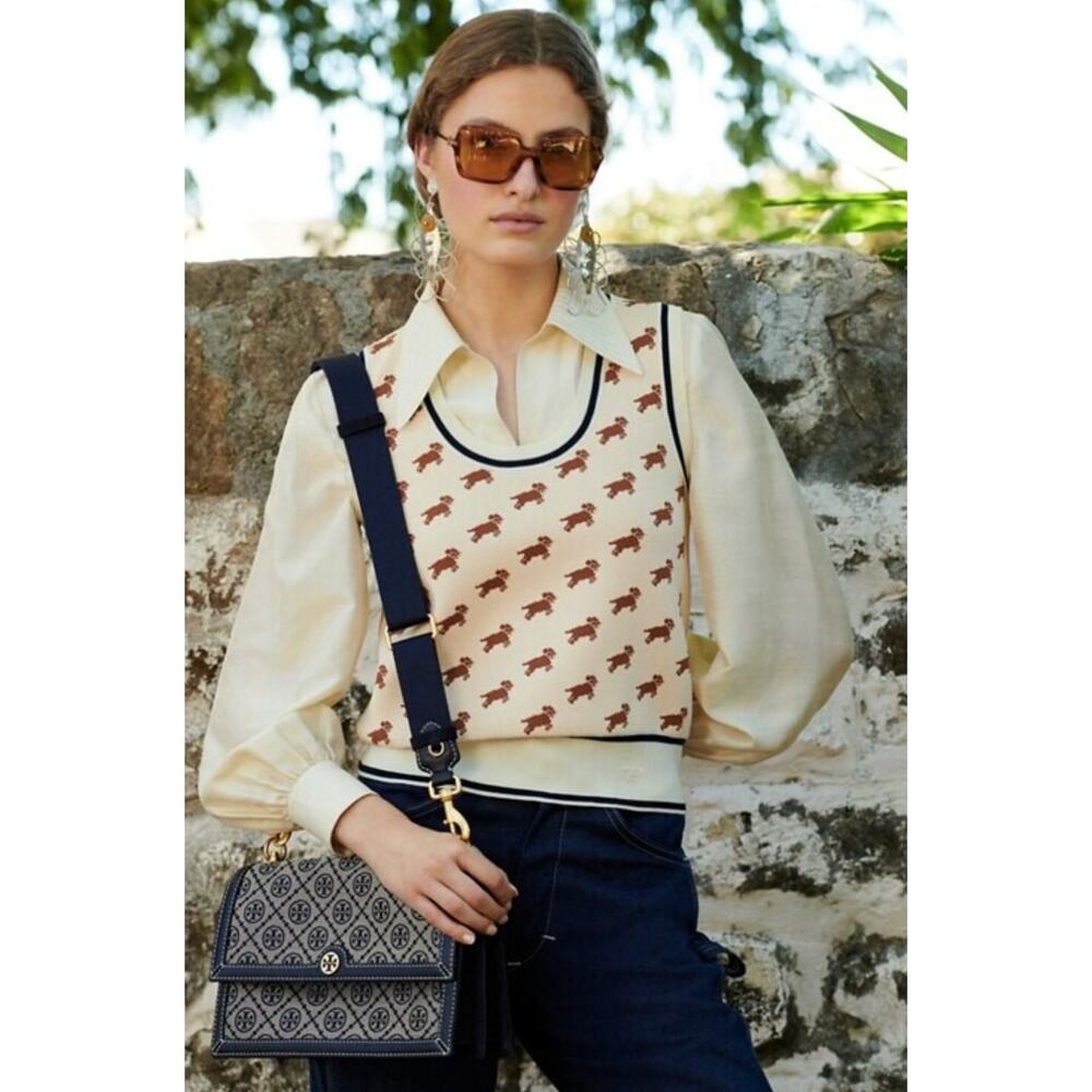 Tory Burch Jacquard Sweater Vest Dog Intarsia size L large - Picture 2 of 7